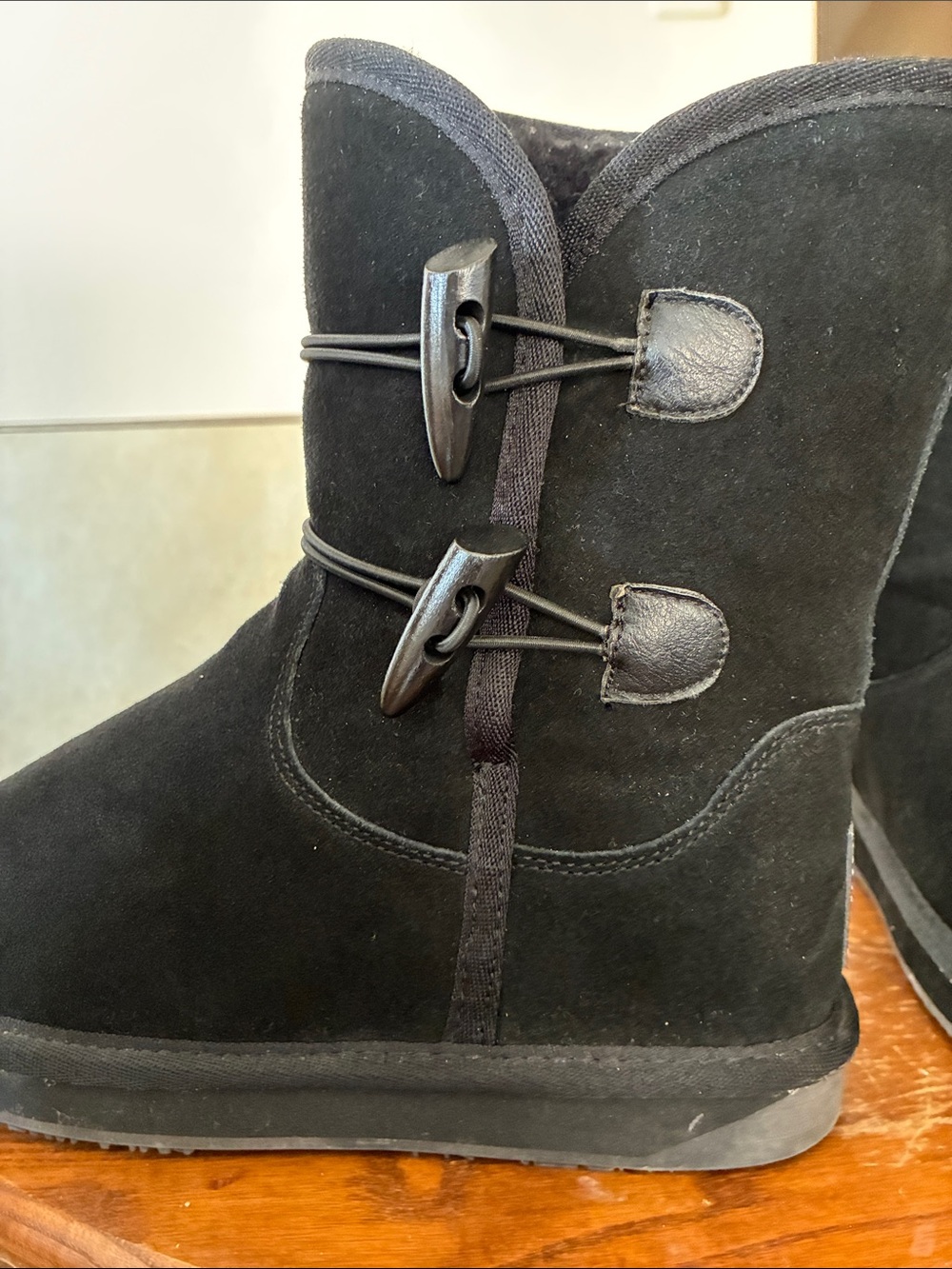 BooRoo Black Suede Toggle Ankle Booties ,size 7 , wool lining